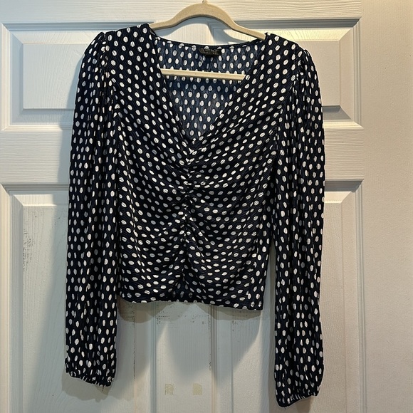 Topshop Spot Swirl Plisse Ruched Top 2 Navy Polka Dot - Picture 2 of 7